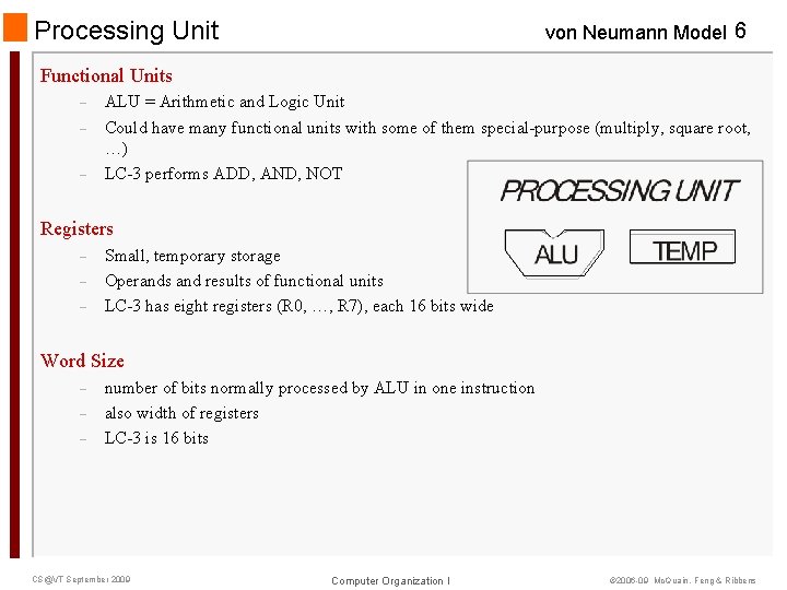 Processing Unit von Neumann Model 6 Functional Units – – – ALU = Arithmetic