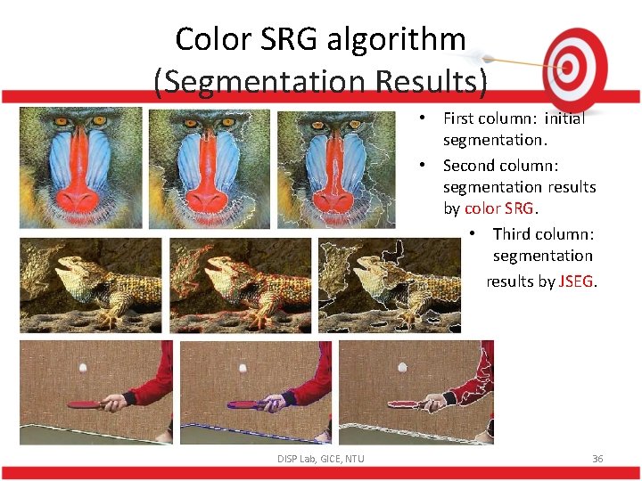 Color SRG algorithm (Segmentation Results) • First column: initial segmentation. • Second column: segmentation