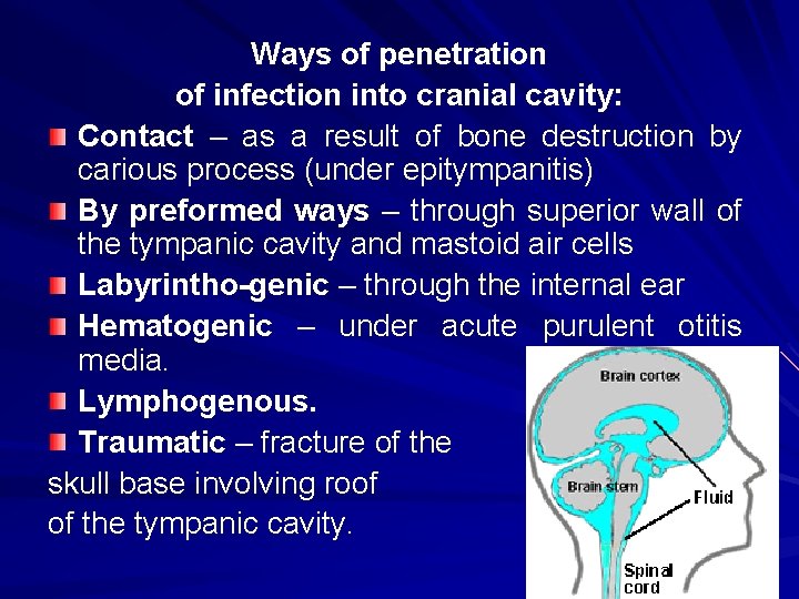 Ways of penetration of infection into cranial cavity: Contact – as a result of
