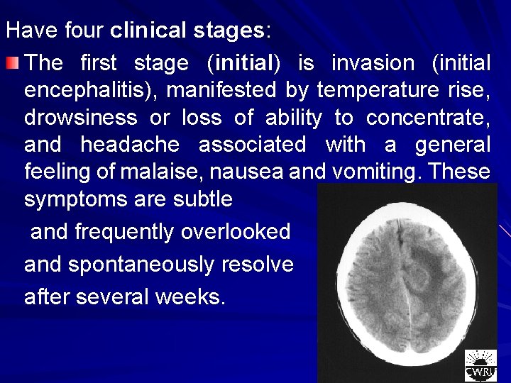 Have four clinical stages: The first stage (initial) is invasion (initial encephalitis), manifested by