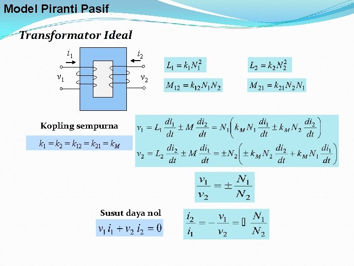 Model Piranti Pasif Transformator Ideal i 1 i 2 v 1 v 2 Kopling