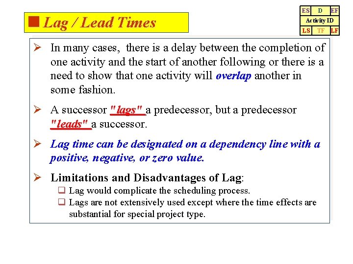 <Lag / Lead Times ES D EF Activity ID LS TF Ø In many