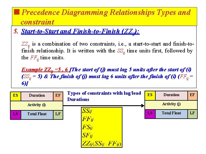 <Precedence Diagramming Relationships Types and constraint 5. Start-to-Start and Finish-to-Finish (ZZij): ZZij is a