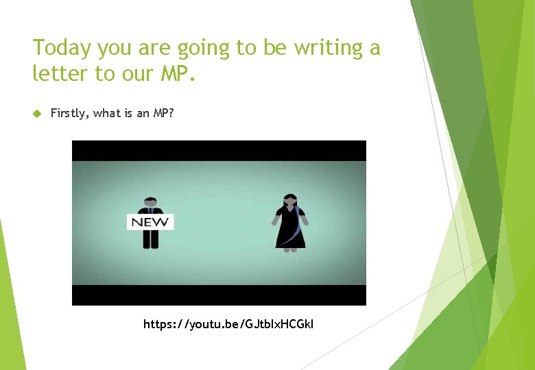 Today you are going to be writing a letter to our MP. Firstly, what