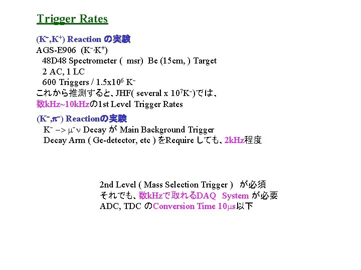 Trigger Rates (K-, K+) Reaction の実験 AGS-E 906 (K-, K+) 48 D 48 Spectrometer