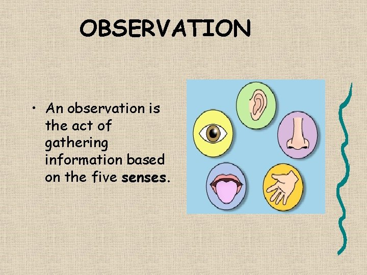 OBSERVATION • An observation is the act of gathering information based on the five