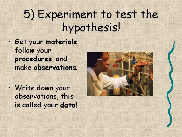 5) Experiment to test the hypothesis! • Get your materials, follow your procedures, and