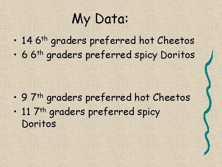 My Data: • 14 6 th graders preferred hot Cheetos • 6 6 th