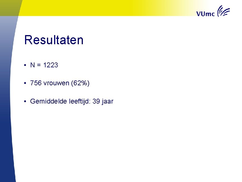 Resultaten • N = 1223 • 756 vrouwen (62%) • Gemiddelde leeftijd: 39 jaar