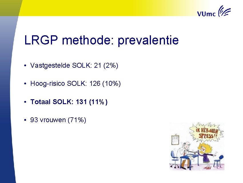LRGP methode: prevalentie • Vastgestelde SOLK: 21 (2%) • Hoog-risico SOLK: 126 (10%) •