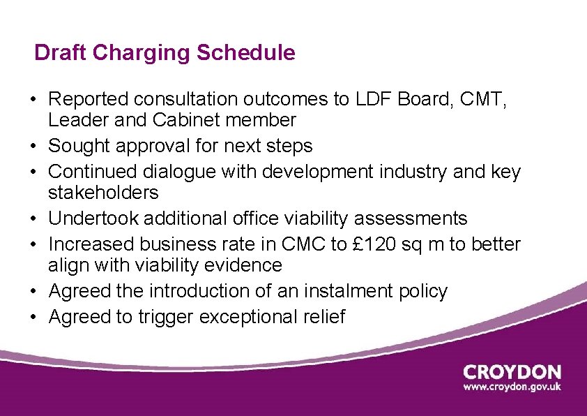 Draft Charging Schedule • Reported consultation outcomes to LDF Board, CMT, Leader and Cabinet