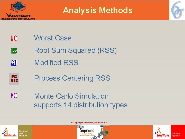 Analysis Methods Worst Case Root Sum Squared (RSS) Modified RSS Process Centering RSS Monte Analysis Methods Worst Case Root Sum Squared (RSS) Modified RSS Process Centering RSS Monte