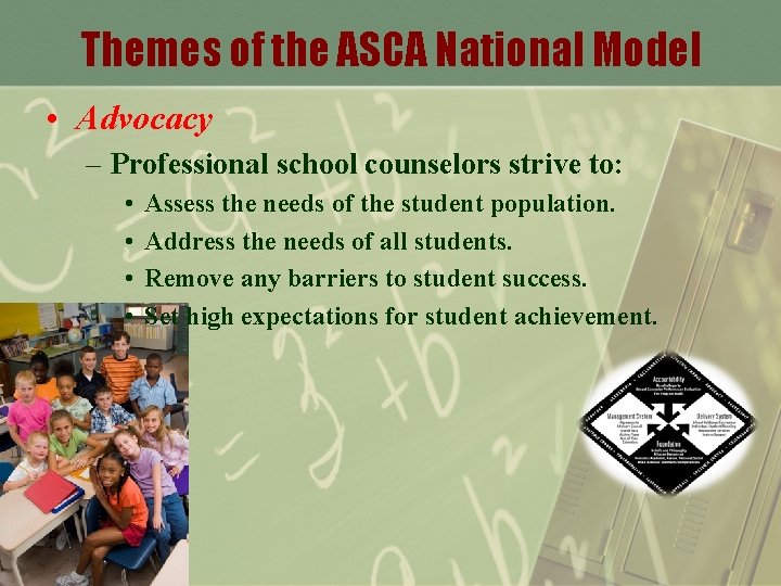 Themes of the ASCA National Model • Advocacy – Professional school counselors strive to: