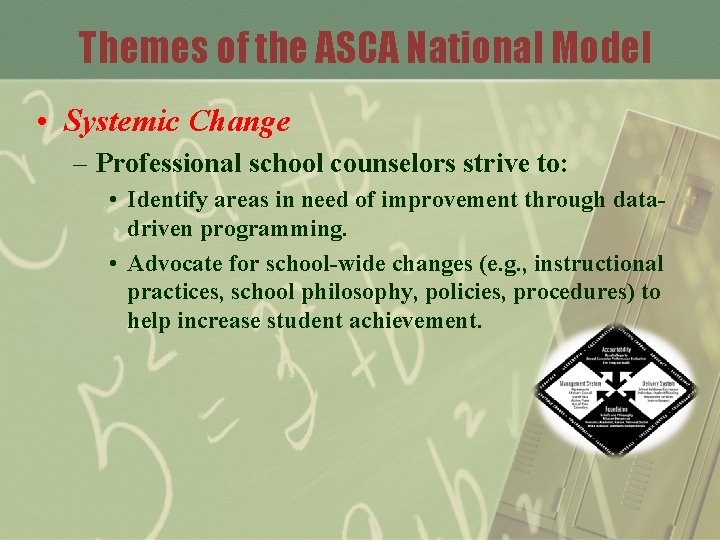 Themes of the ASCA National Model • Systemic Change – Professional school counselors strive