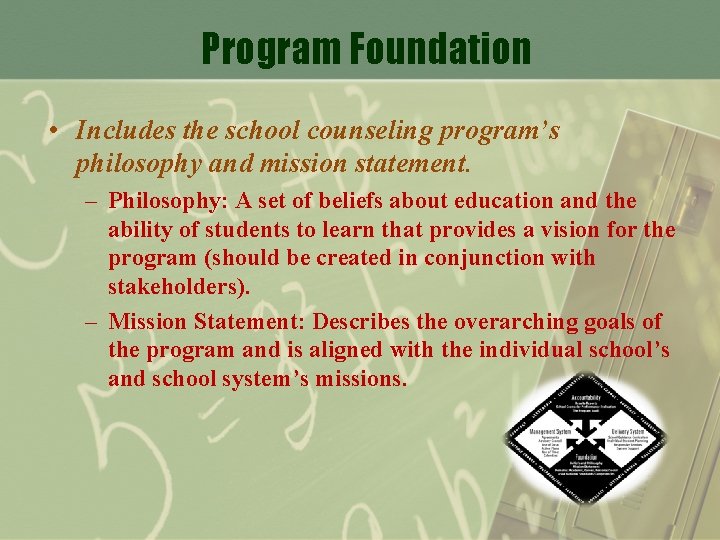 Program Foundation • Includes the school counseling program’s philosophy and mission statement. – Philosophy: