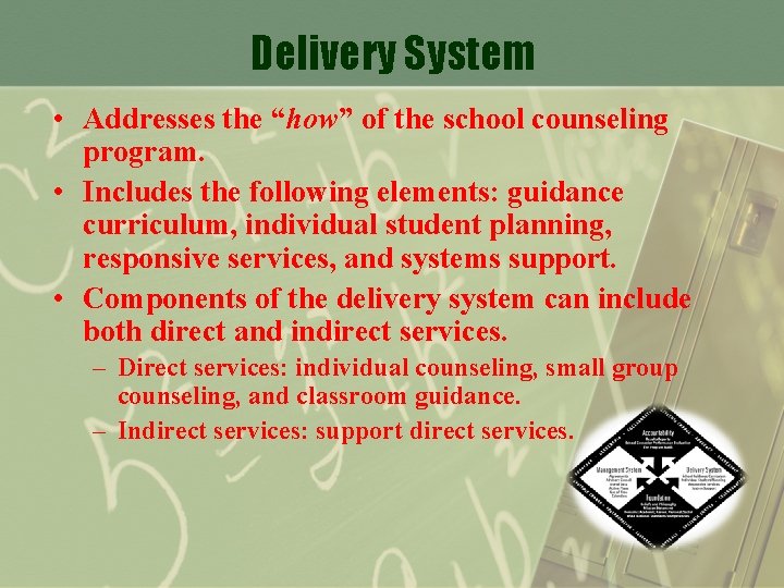 Delivery System • Addresses the “how” of the school counseling program. • Includes the