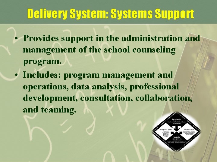 Delivery System: Systems Support • Provides support in the administration and management of the