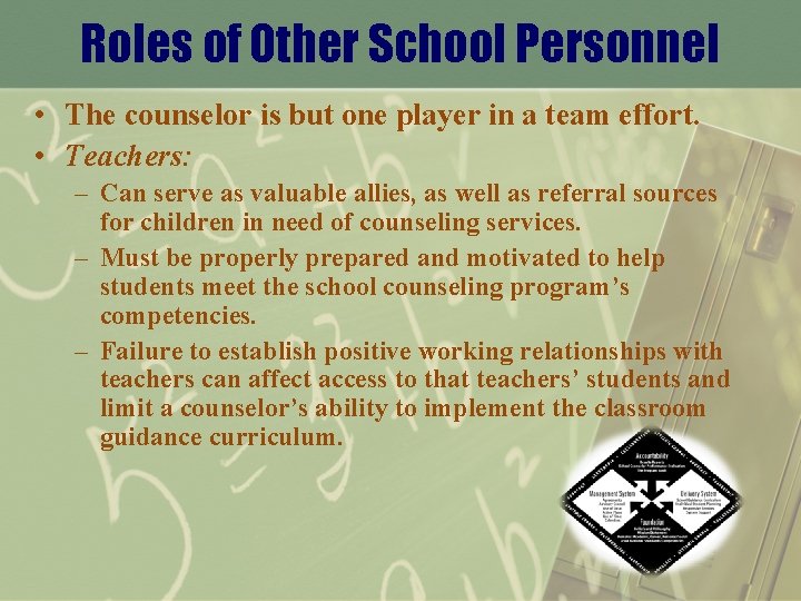 Roles of Other School Personnel • The counselor is but one player in a