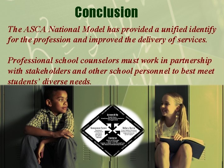 Conclusion The ASCA National Model has provided a unified identify for the profession and