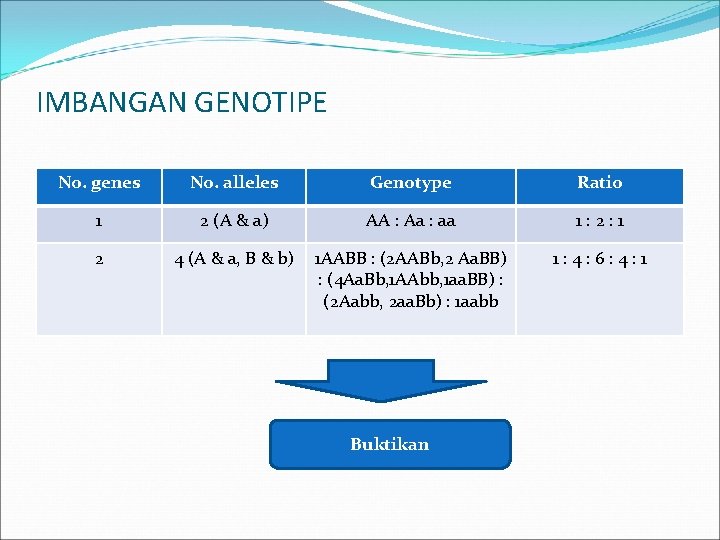IMBANGAN GENOTIPE No. genes No. alleles Genotype Ratio 1 2 (A & a) AA