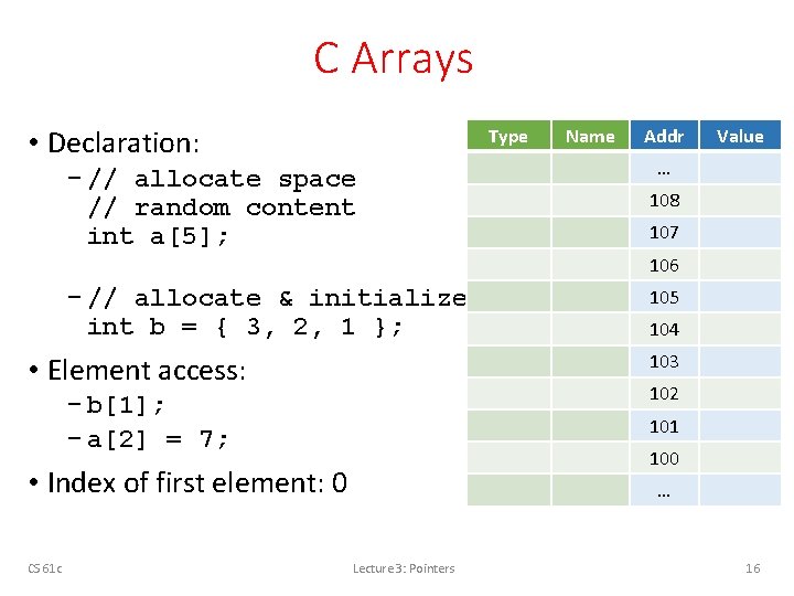C Arrays • Declaration: Type − // allocate space // random content int a[5];