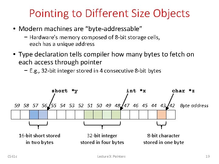 Pointing to Different Size Objects • Modern machines are “byte-addressable” − Hardware’s memory composed