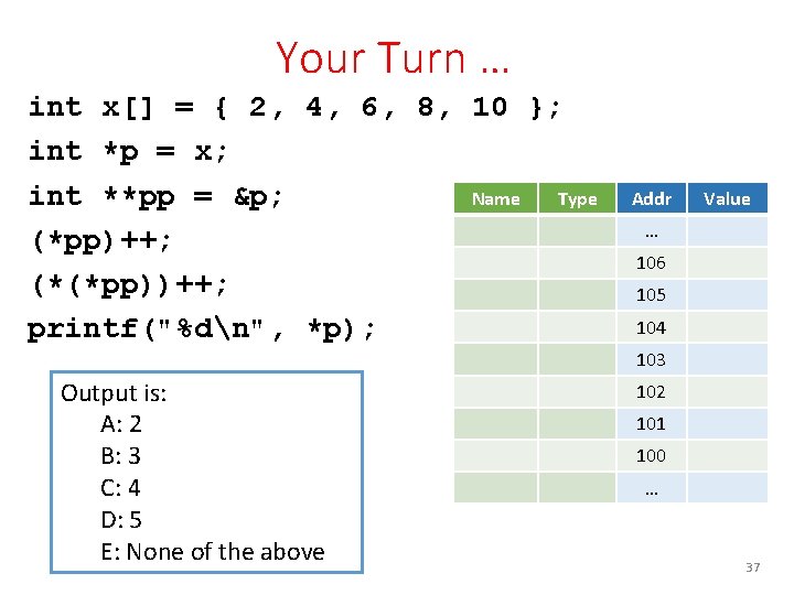 Your Turn … int x[] = { 2, 4, 6, 8, 10 }; int