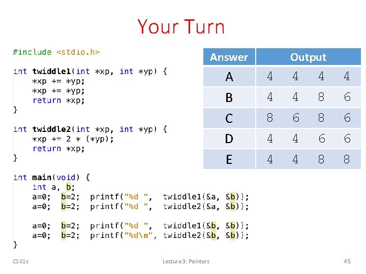Your Turn Answer A B C D E CS 61 c Lecture 3: Pointers