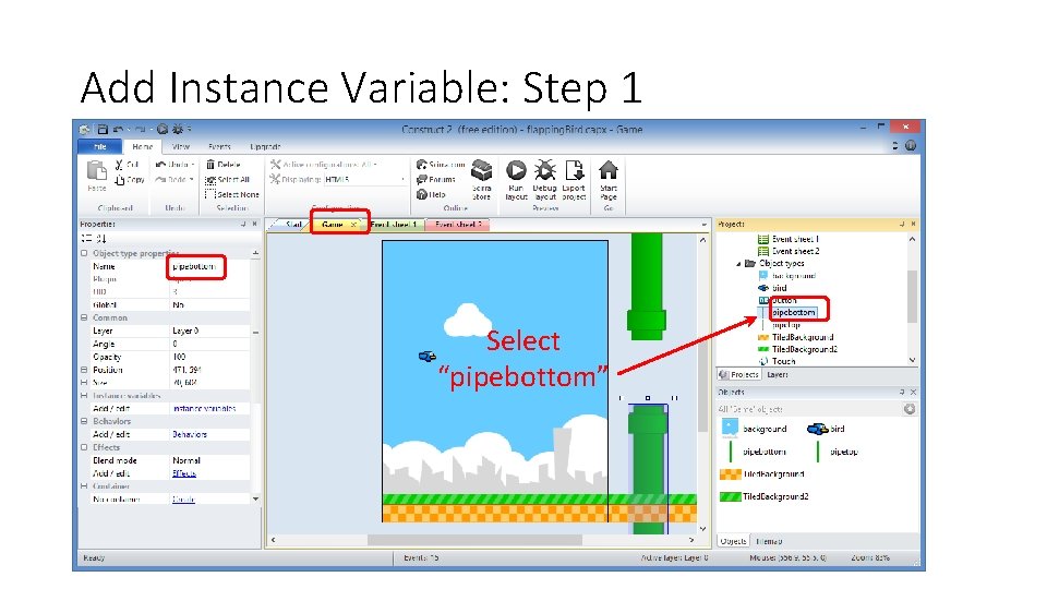 Add Instance Variable: Step 1 Select “pipebottom” 