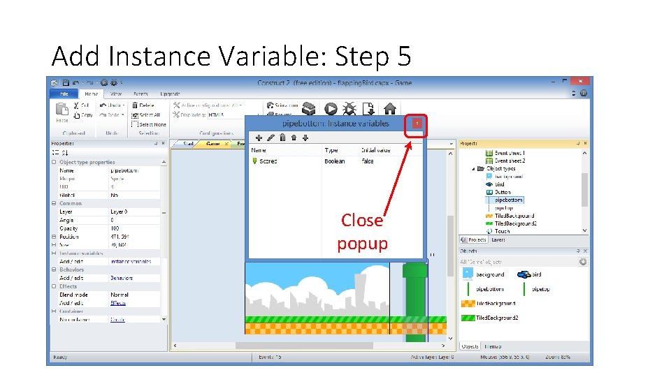 Add Instance Variable: Step 5 Close popup 