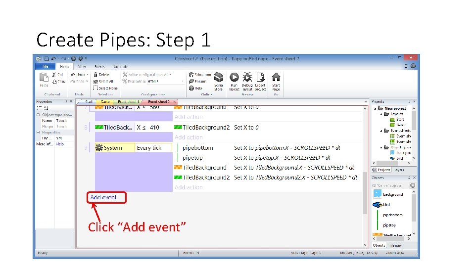 Create Pipes: Step 1 Click “Add event” 