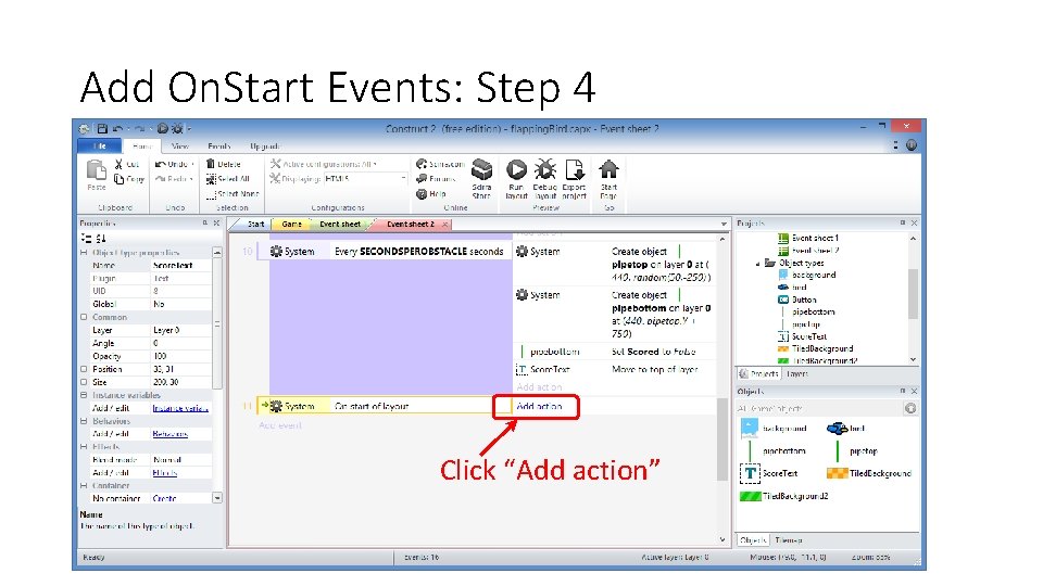 Add On. Start Events: Step 4 Click “Add action” 