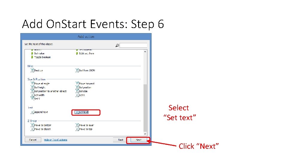 Add On. Start Events: Step 6 Select “Set text” Click “Next” 