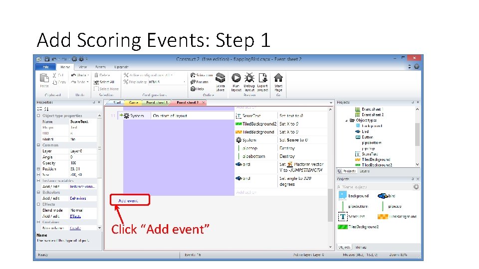 Add Scoring Events: Step 1 Click “Add event” 