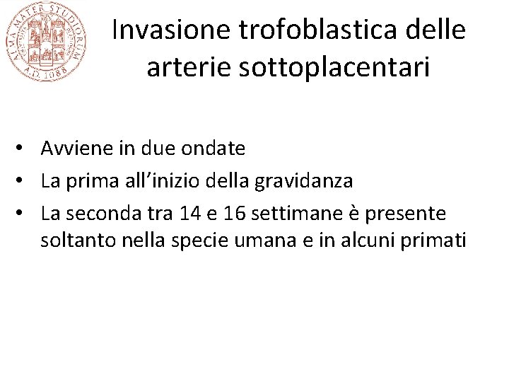 Invasione trofoblastica delle arterie sottoplacentari • Avviene in due ondate • La prima all’inizio