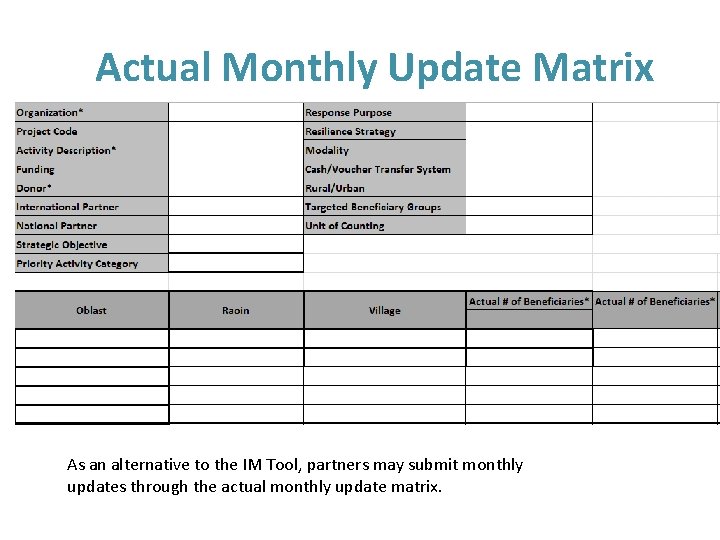 Actual Monthly Update Matrix As an alternative to the IM Tool, partners may submit