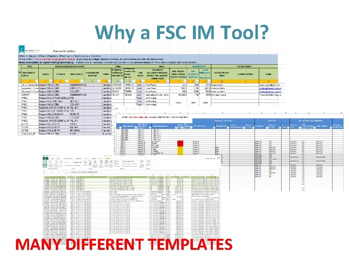 Why a FSC IM Tool? MANY DIFFERENT TEMPLATES 