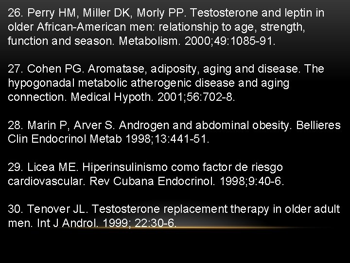 26. Perry HM, Miller DK, Morly PP. Testosterone and leptin in older African-American men: