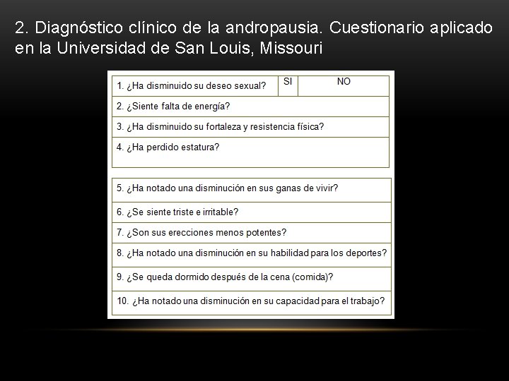 2. Diagnóstico clínico de la andropausia. Cuestionario aplicado en la Universidad de San Louis,