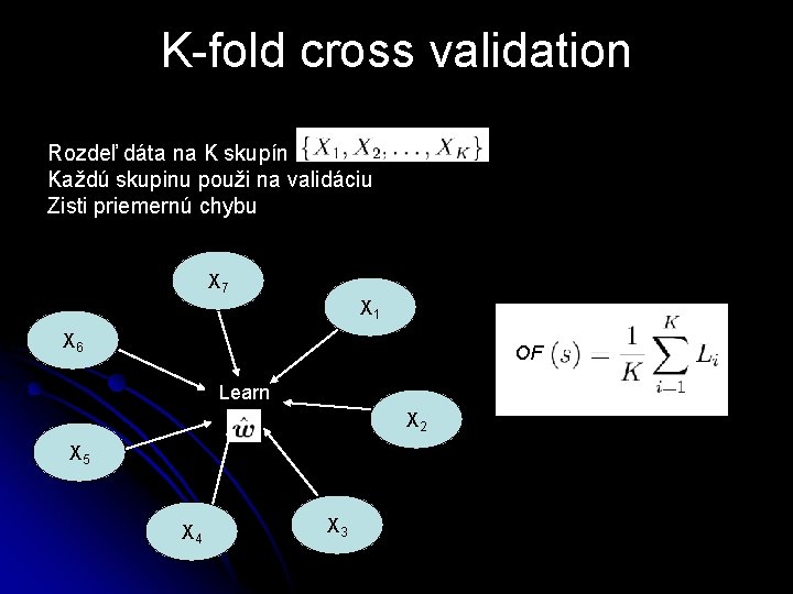 K-fold cross validation Rozdeľ dáta na K skupín Každú skupinu použi na validáciu Zisti