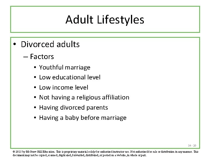 Adult Lifestyles • Divorced adults – Factors • • • Youthful marriage Low educational
