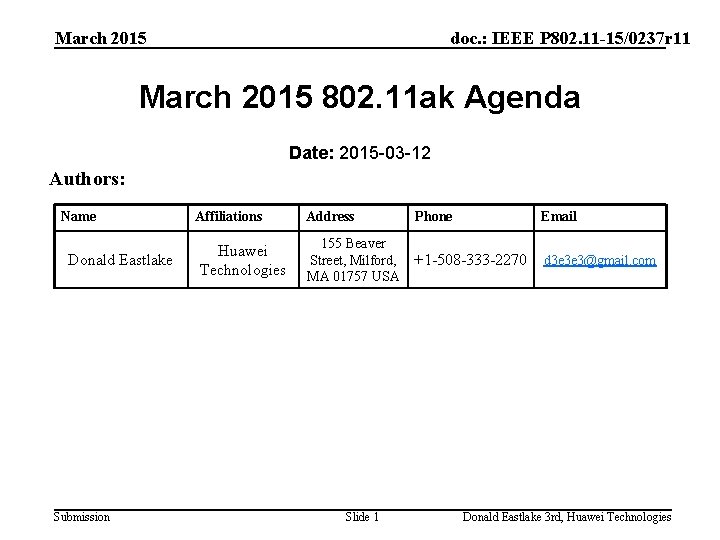 March 2015 doc. : IEEE P 802. 11 -15/0237 r 11 March 2015 802.