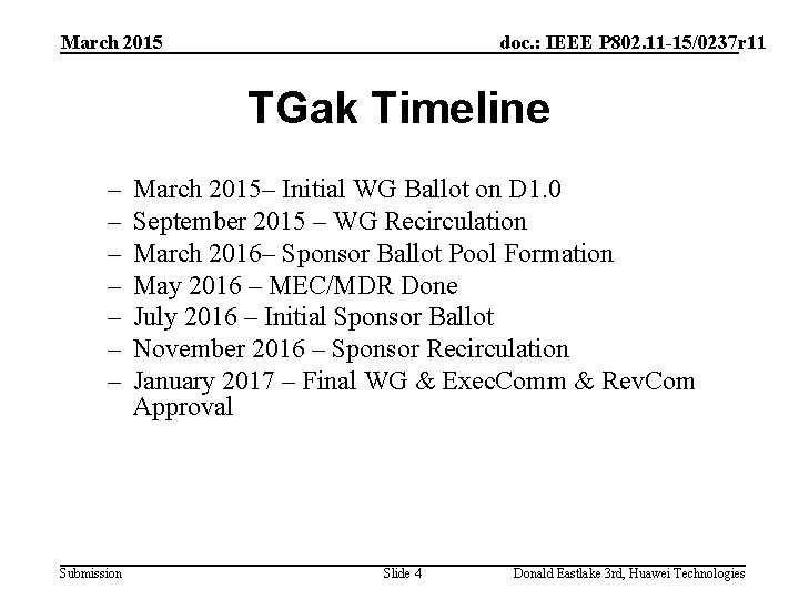 March 2015 doc. : IEEE P 802. 11 -15/0237 r 11 TGak Timeline –