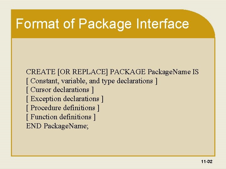 Format of Package Interface CREATE [OR REPLACE] PACKAGE Package. Name IS [ Constant, variable,