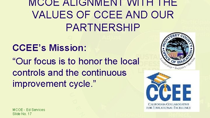 MCOE ALIGNMENT WITH THE VALUES OF CCEE AND OUR PARTNERSHIP CCEE’s Mission: “Our focus