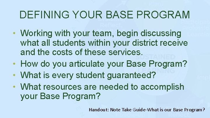 DEFINING YOUR BASE PROGRAM • Working with your team, begin discussing what all students