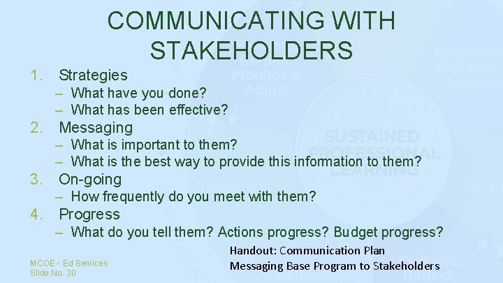 COMMUNICATING WITH STAKEHOLDERS 1. Strategies – What have you done? – What has been