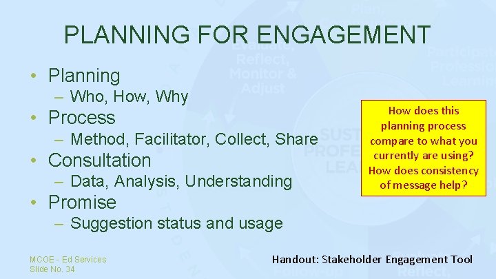 PLANNING FOR ENGAGEMENT • Planning – Who, How, Why • Process – Method, Facilitator,