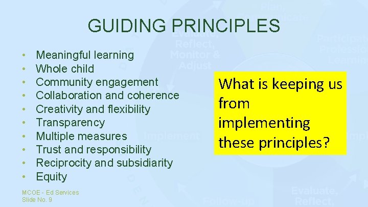 GUIDING PRINCIPLES • • • Meaningful learning Whole child Community engagement Collaboration and coherence