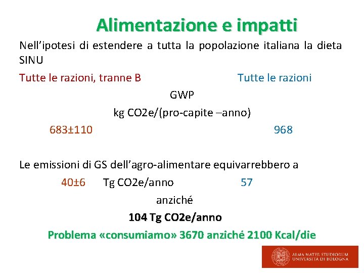 Alimentazione e impatti Nell’ipotesi di estendere a tutta la popolazione italiana la dieta SINU